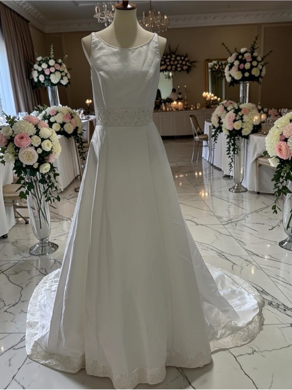 Mori Lee White Satin A-Line Bridal Gown‎ with Beaded Waist